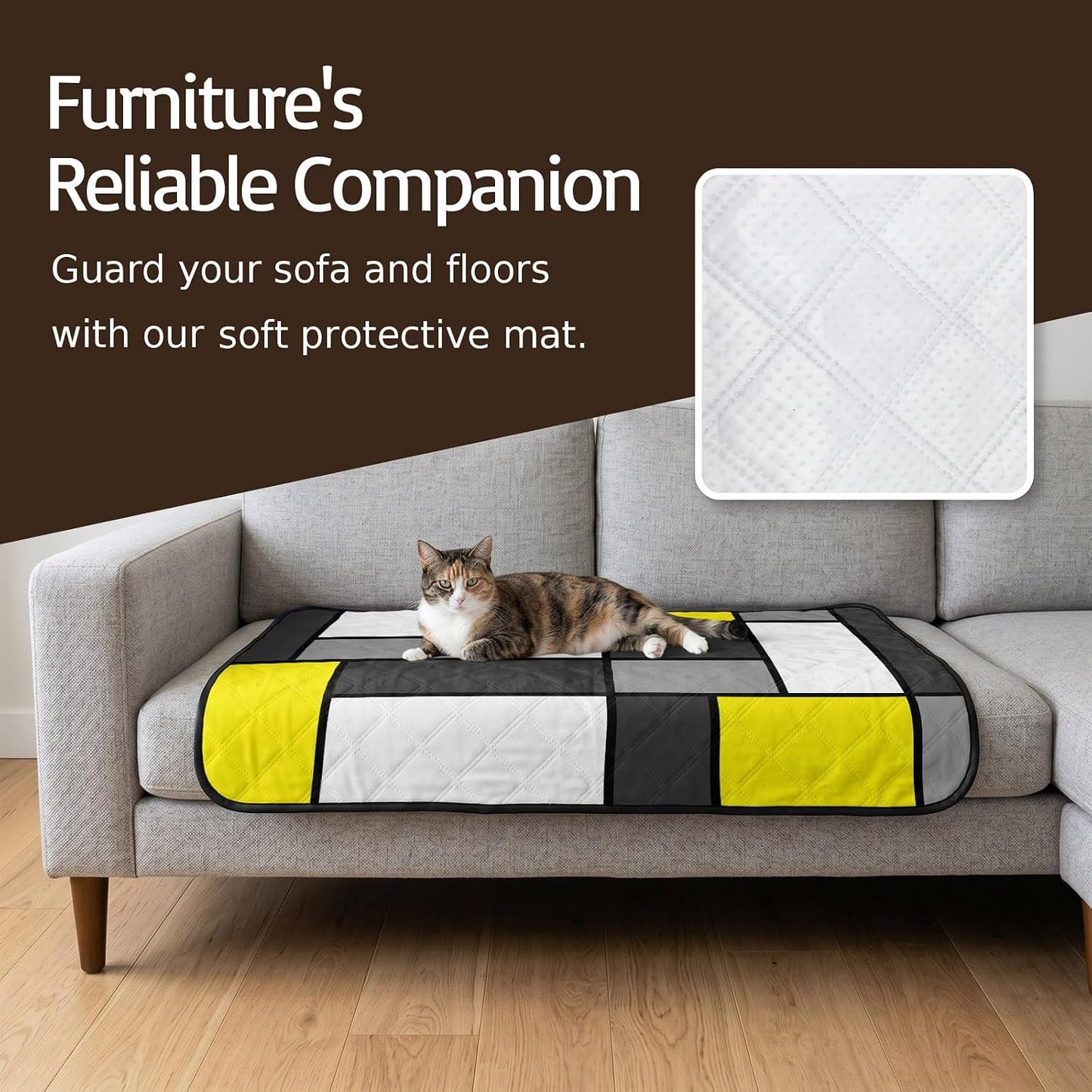 Geometric Art Cat Litter Mat 24x18, Modern Abstract White Yellow Grey Patchwork Kitty Litter Box mat for Cat Machine Washable Easy Clean Soft Non-Slip Pet Food Mats for Floor Rug