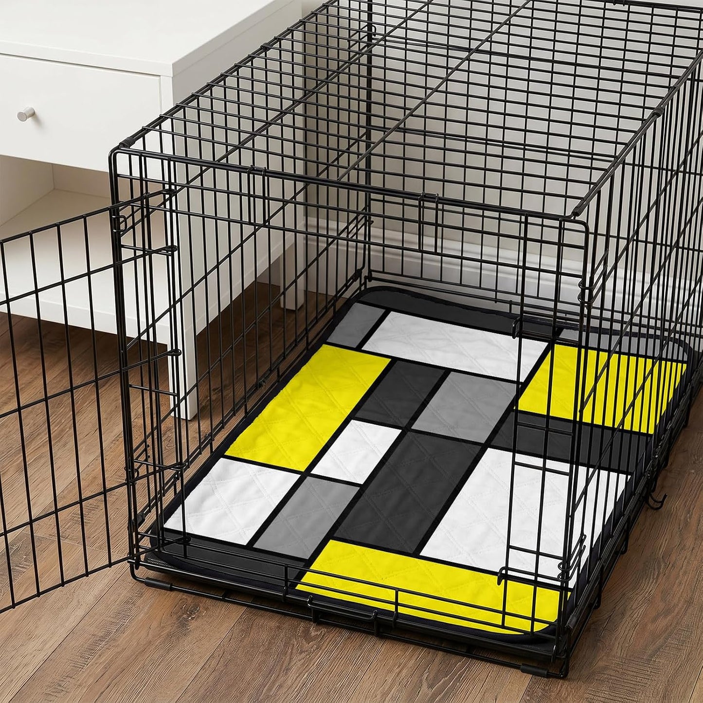 Geometric Art Cat Litter Mat 24x18, Modern Abstract White Yellow Grey Patchwork Kitty Litter Box mat for Cat Machine Washable Easy Clean Soft Non-Slip Pet Food Mats for Floor Rug