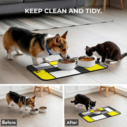 Geometric Art Cat Litter Mat 24x18, Modern Abstract White Yellow Grey Patchwork Kitty Litter Box mat for Cat Machine Washable Easy Clean Soft Non-Slip Pet Food Mats for Floor Rug