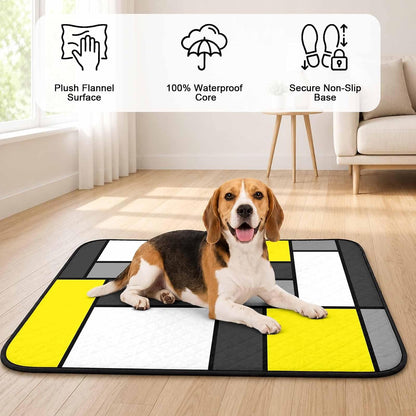 Geometric Art Cat Litter Mat 24x18, Modern Abstract White Yellow Grey Patchwork Kitty Litter Box mat for Cat Machine Washable Easy Clean Soft Non-Slip Pet Food Mats for Floor Rug