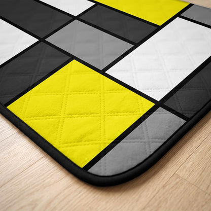 Geometric Art Cat Litter Mat 24x18, Modern Abstract White Yellow Grey Patchwork Kitty Litter Box mat for Cat Machine Washable Easy Clean Soft Non-Slip Pet Food Mats for Floor Rug