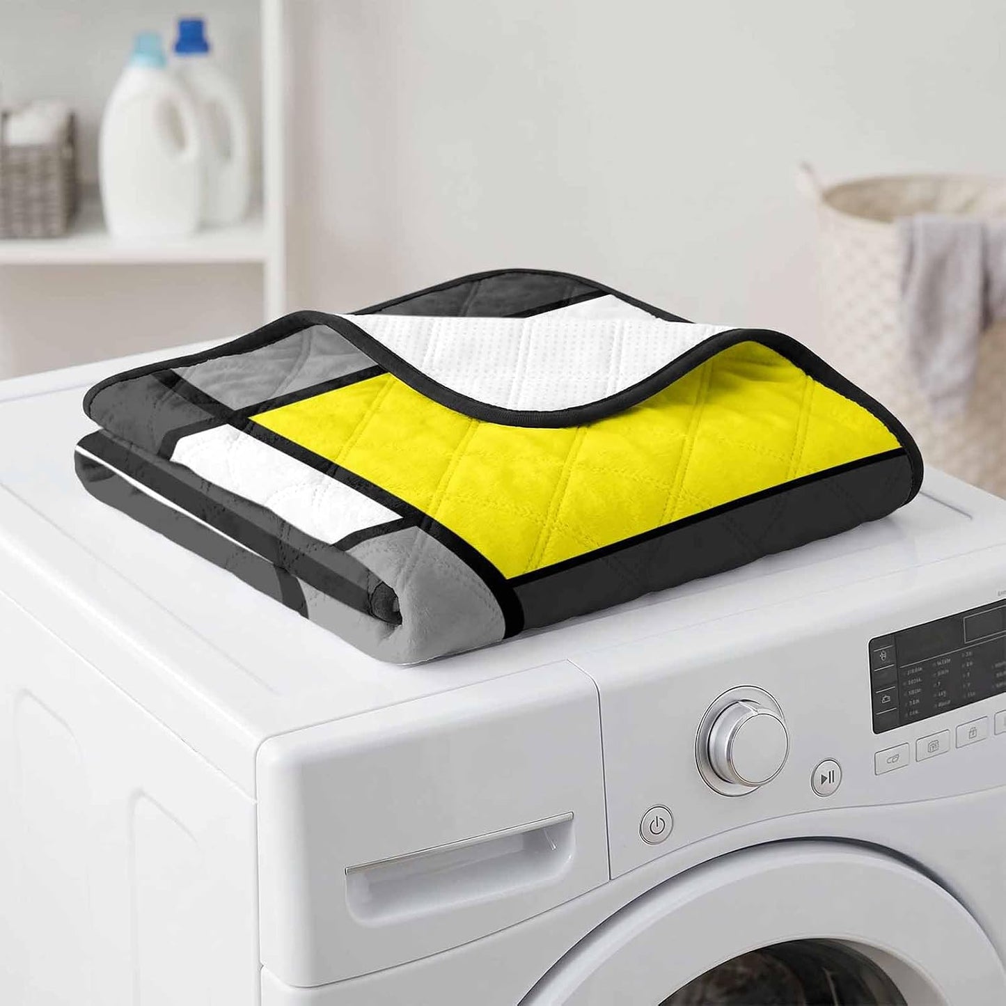 Geometric Art Cat Litter Mat 24x18, Modern Abstract White Yellow Grey Patchwork Kitty Litter Box mat for Cat Machine Washable Easy Clean Soft Non-Slip Pet Food Mats for Floor Rug