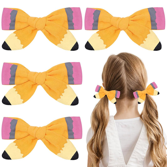 Back to School Pencil Hair Bows Clips,The Hand Painted Yellow Pencil Schoolgirl Pigtail Bows Clips Gifts for Toddler Kids Kindergarten 1st 2nd 3rd 4th 5th Grade (Pencil Bows 3) (Printing Pencil)