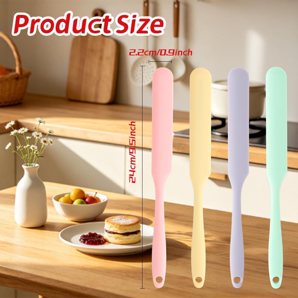 4 Pcs Silicone Jar Spatula, Long Handle Skinny Spatula Scraper for Jars & Bottles, Heat Resistant Small Spatulas Set for Kitchen Baking Sourdough Cake Makeup Essentials, Pink+Yellow+Light Green+Purple