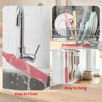 4 Pcs Silicone Jar Spatula, Long Handle Skinny Spatula Scraper for Jars & Bottles, Heat Resistant Small Spatulas Set for Kitchen Baking Sourdough Cake Makeup Essentials, Pink+Yellow+Light Green+Purple