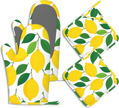 Oven Mitts and Pot Holders Sets Lemon Silicone Kitchen Mits Potholders Tropical Fruit Leaves Heat Resistant 4Pcs Oven Gloves Hot Pads for Baking Cooking BBQ Grilling Home Decor