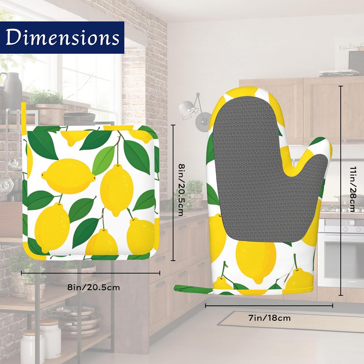Oven Mitts and Pot Holders Sets Lemon Silicone Kitchen Mits Potholders Tropical Fruit Leaves Heat Resistant 4Pcs Oven Gloves Hot Pads for Baking Cooking BBQ Grilling Home Decor