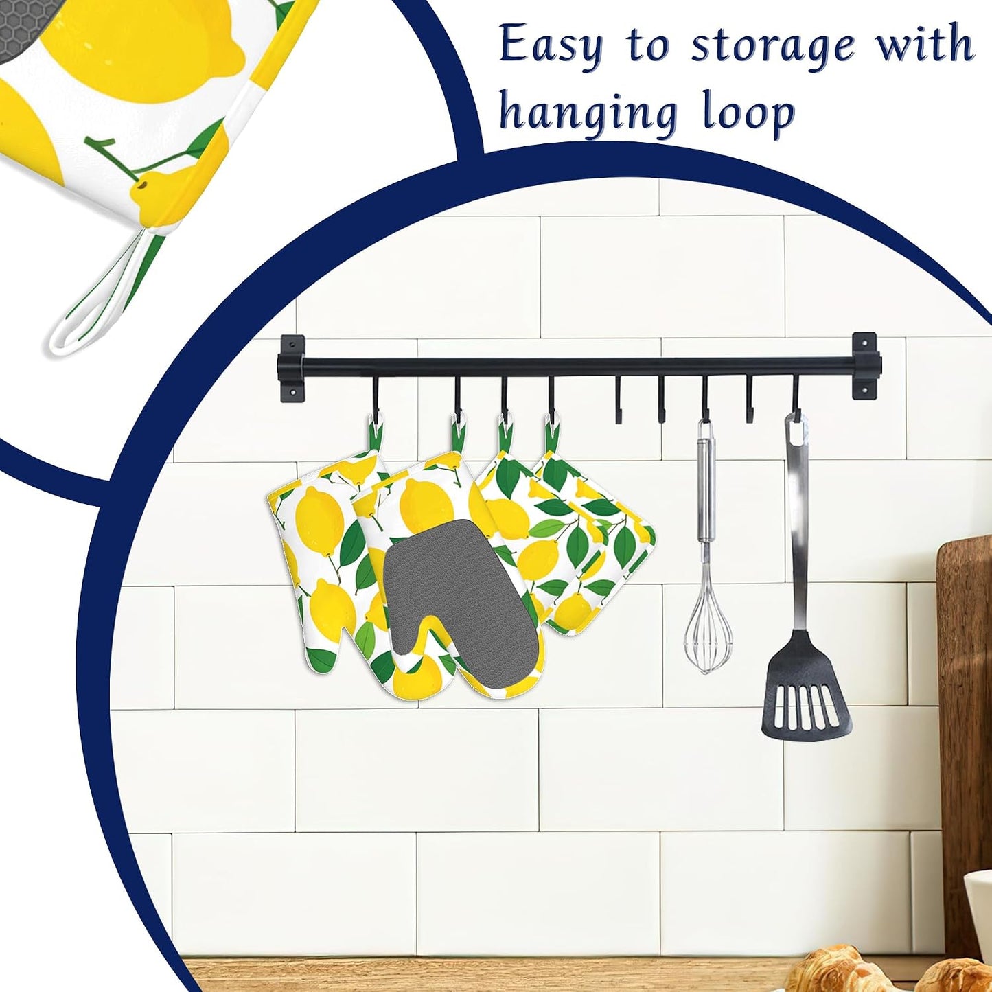 Oven Mitts and Pot Holders Sets Lemon Silicone Kitchen Mits Potholders Tropical Fruit Leaves Heat Resistant 4Pcs Oven Gloves Hot Pads for Baking Cooking BBQ Grilling Home Decor