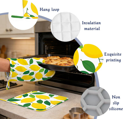 Oven Mitts and Pot Holders Sets Lemon Silicone Kitchen Mits Potholders Tropical Fruit Leaves Heat Resistant 4Pcs Oven Gloves Hot Pads for Baking Cooking BBQ Grilling Home Decor