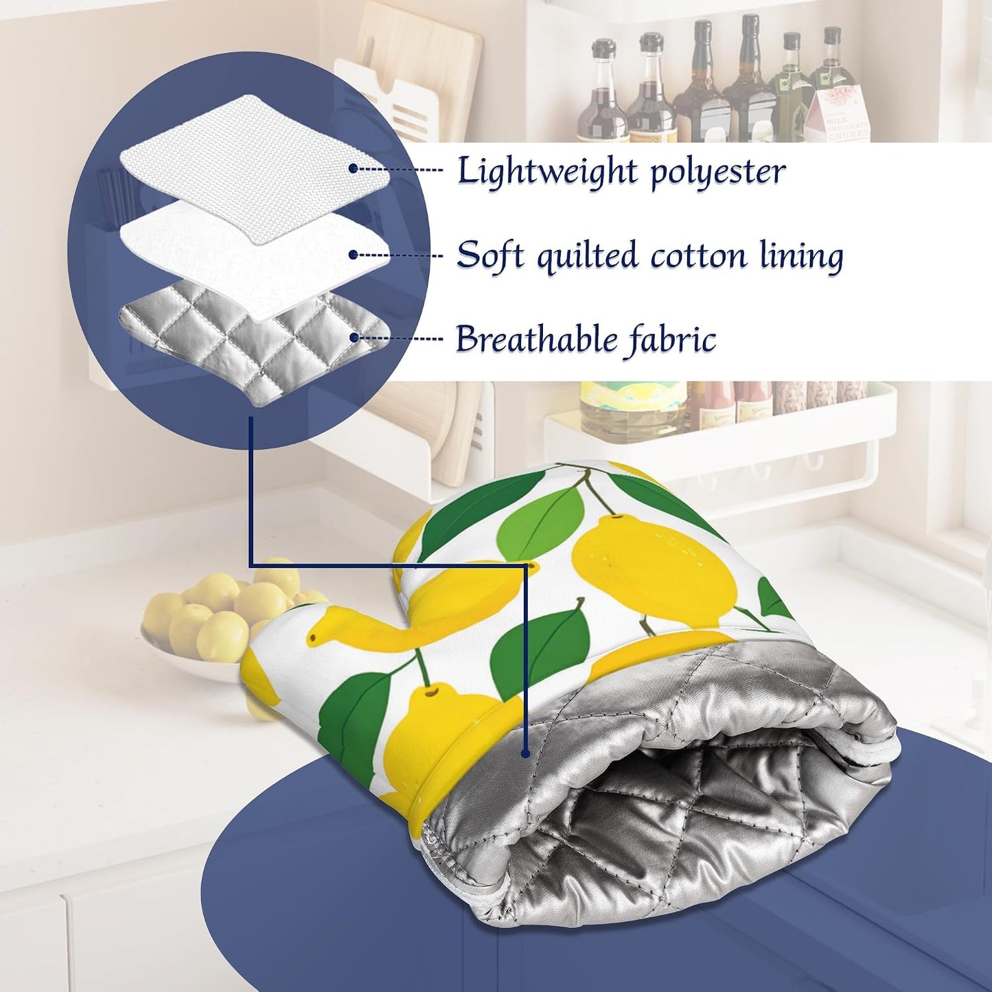 Oven Mitts and Pot Holders Sets Lemon Silicone Kitchen Mits Potholders Tropical Fruit Leaves Heat Resistant 4Pcs Oven Gloves Hot Pads for Baking Cooking BBQ Grilling Home Decor