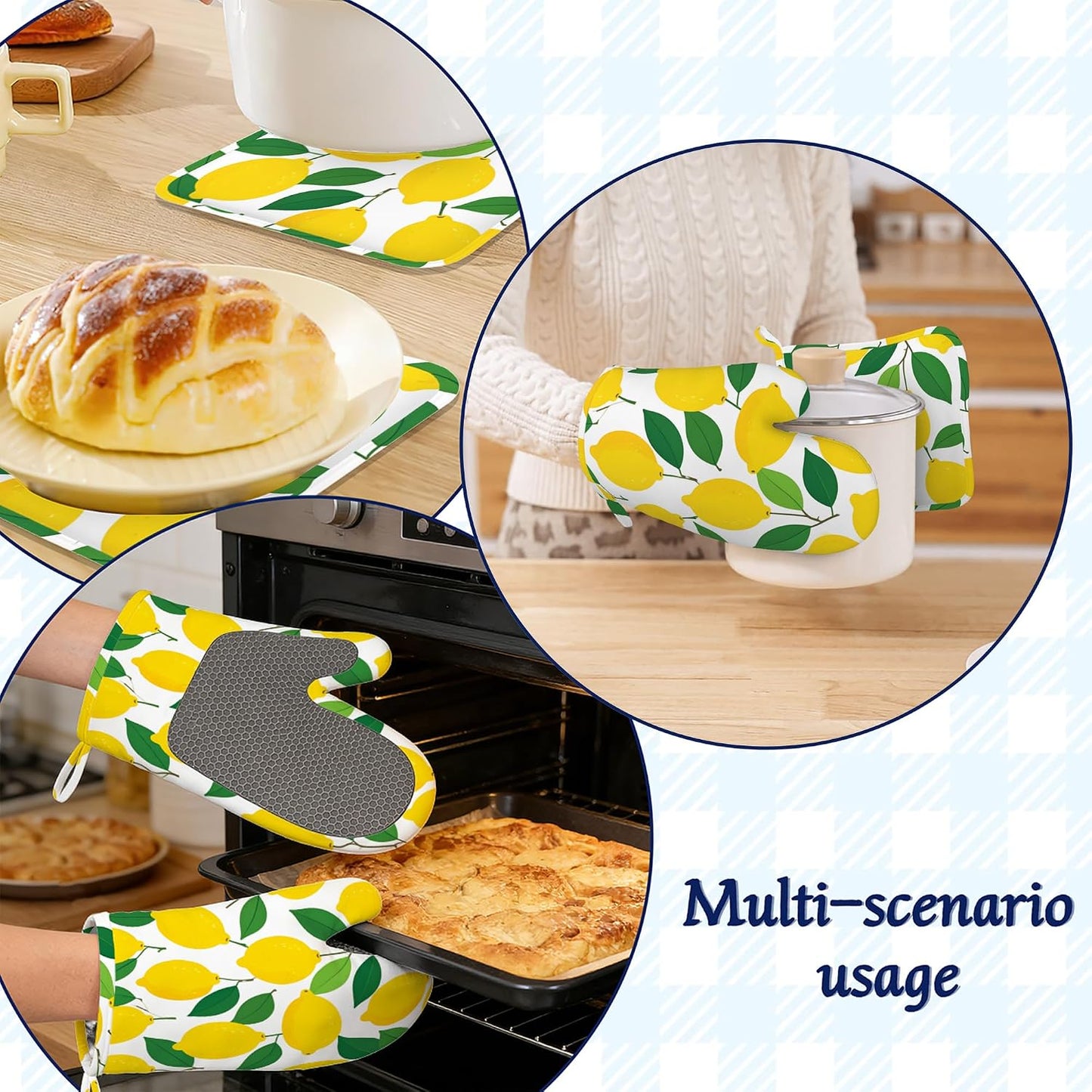 Oven Mitts and Pot Holders Sets Lemon Silicone Kitchen Mits Potholders Tropical Fruit Leaves Heat Resistant 4Pcs Oven Gloves Hot Pads for Baking Cooking BBQ Grilling Home Decor