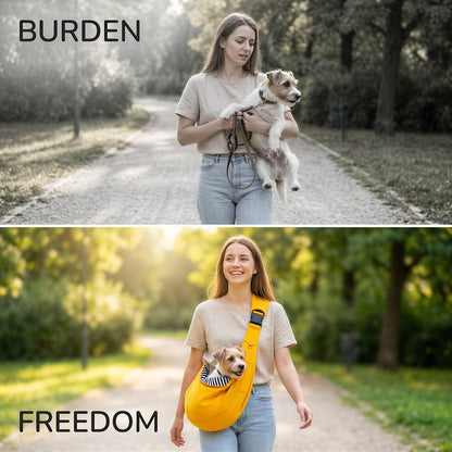 Dog Cat Sling Carrier Bag, Handsfree Pet Sling Carrier for Small Dogs and Cats up to 15 lbs, Adjustable Dog Sling with Padded Strap, Safety Hook, Pocket for Travel and Walking, Yellow