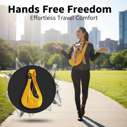 Dog Cat Sling Carrier Bag, Handsfree Pet Sling Carrier for Small Dogs and Cats up to 15 lbs, Adjustable Dog Sling with Padded Strap, Safety Hook, Pocket for Travel and Walking, Yellow