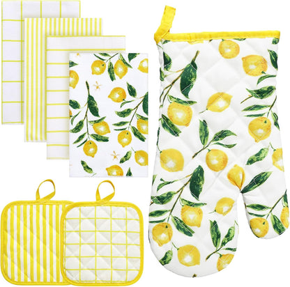 8-Pack Lemon Kitchen Decor Set Lemon Kitchen Towels Pot Holders and Oven MittsSets for Spring Cute Farm House Accessories Cooking Baking Grilling Women Mom Gift