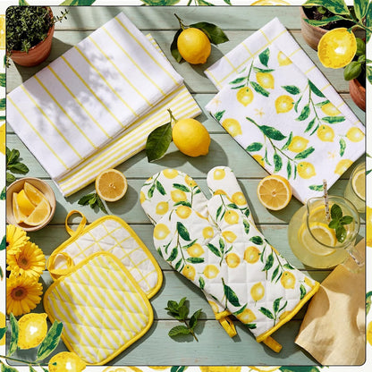 8-Pack Lemon Kitchen Decor Set Lemon Kitchen Towels Pot Holders and Oven MittsSets for Spring Cute Farm House Accessories Cooking Baking Grilling Women Mom Gift