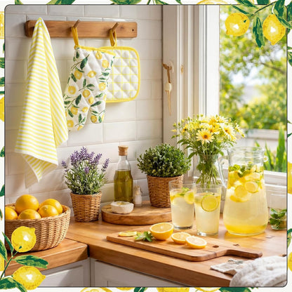 8-Pack Lemon Kitchen Decor Set Lemon Kitchen Towels Pot Holders and Oven MittsSets for Spring Cute Farm House Accessories Cooking Baking Grilling Women Mom Gift