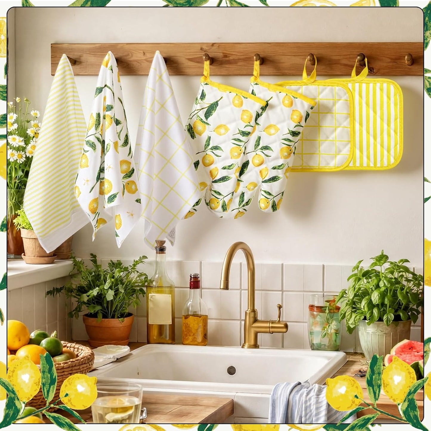 8-Pack Lemon Kitchen Decor Set Lemon Kitchen Towels Pot Holders and Oven MittsSets for Spring Cute Farm House Accessories Cooking Baking Grilling Women Mom Gift