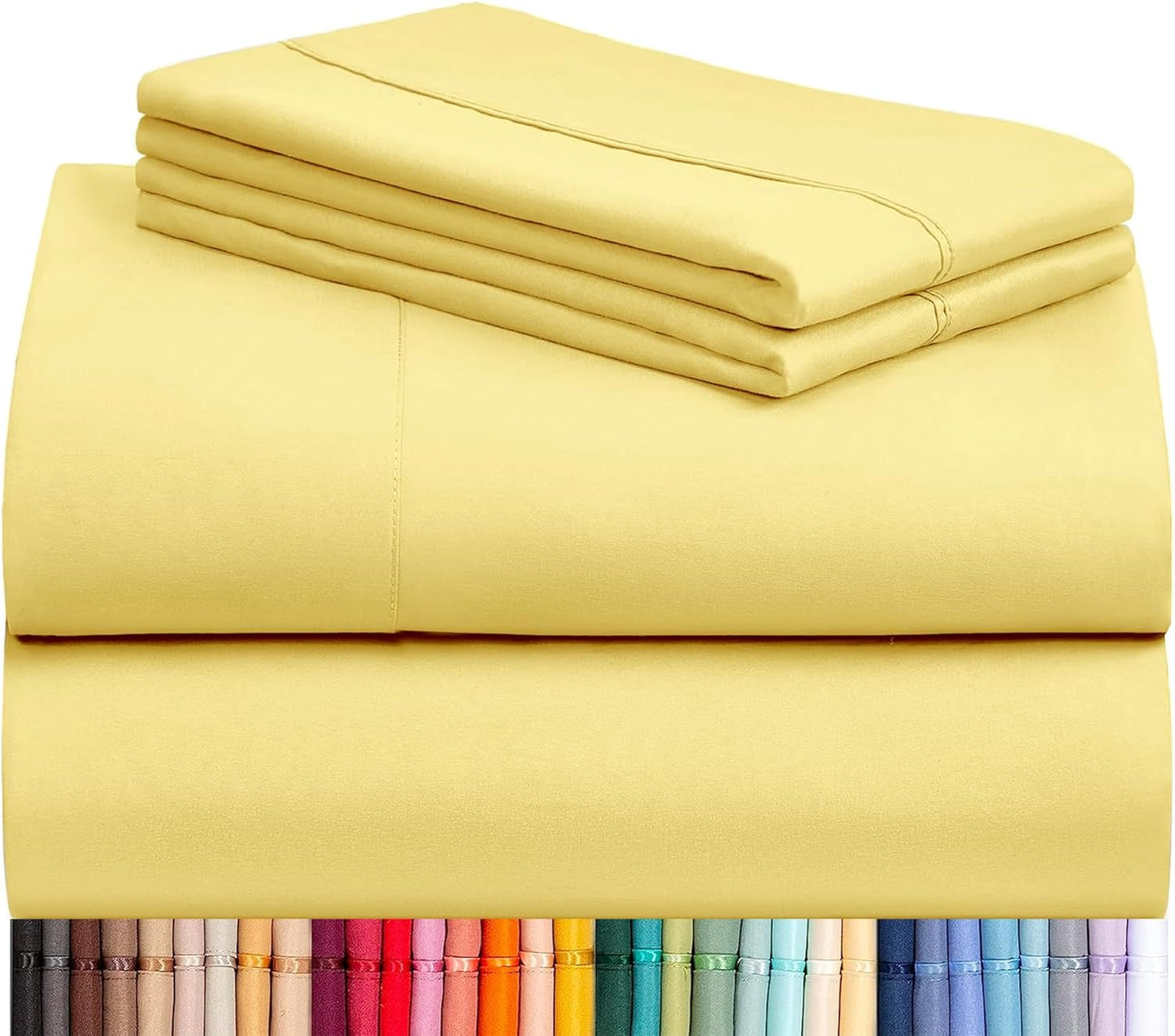 Queen Sheet Set, Bed Sheets Queen Size 4PC, Deep Pocket Cooling Bed Sheets, Soft Hotel Luxury Bedding for Mattress Wrinkle Free, Silky Fitted Sheet & Pillowcase Sets, Lemon Yellow
