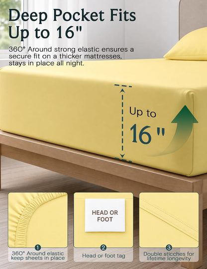 Queen Sheet Set, Bed Sheets Queen Size 4PC, Deep Pocket Cooling Bed Sheets, Soft Hotel Luxury Bedding for Mattress Wrinkle Free, Silky Fitted Sheet & Pillowcase Sets, Lemon Yellow
