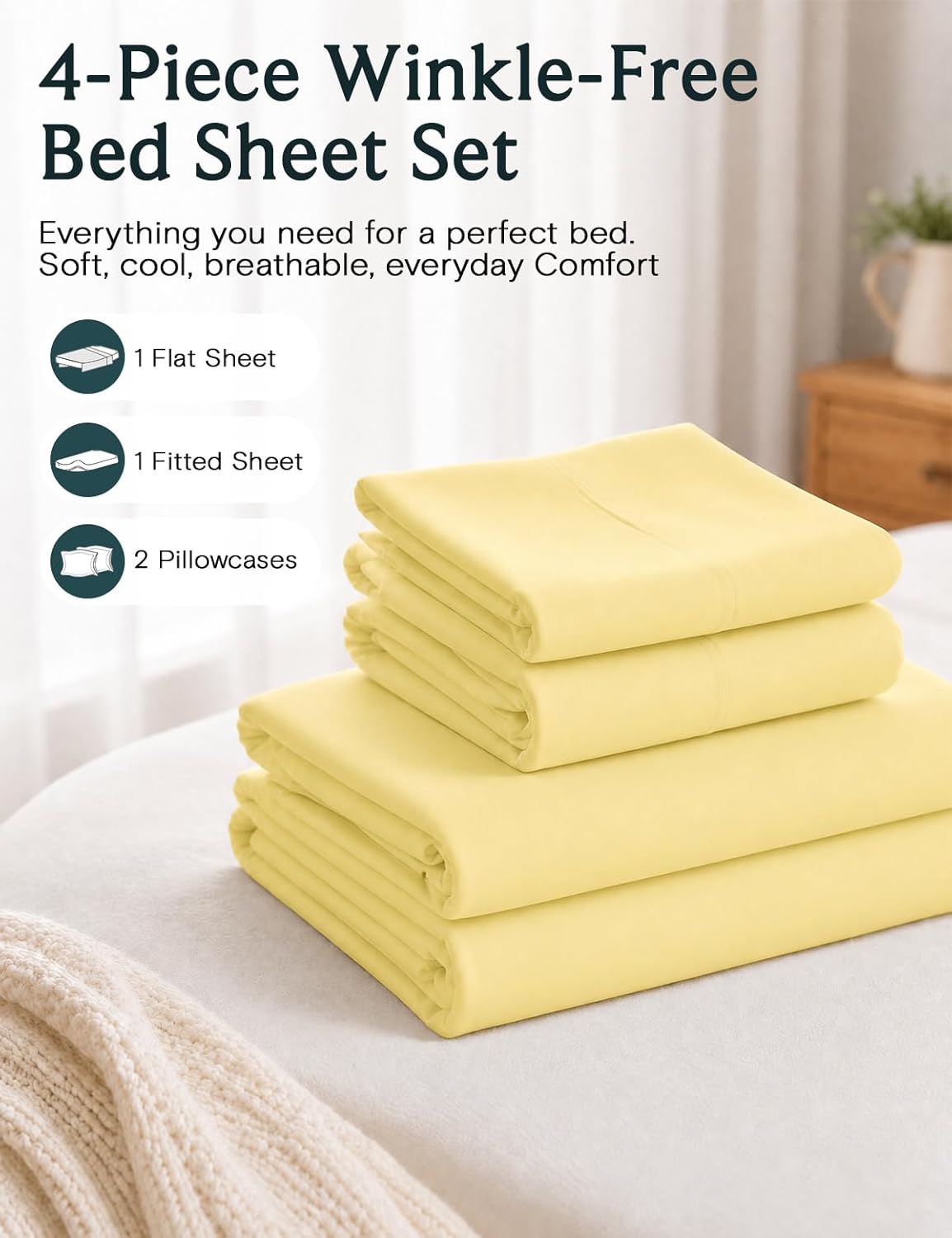 Queen Sheet Set, Bed Sheets Queen Size 4PC, Deep Pocket Cooling Bed Sheets, Soft Hotel Luxury Bedding for Mattress Wrinkle Free, Silky Fitted Sheet & Pillowcase Sets, Lemon Yellow