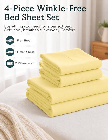 Queen Sheet Set, Bed Sheets Queen Size 4PC, Deep Pocket Cooling Bed Sheets, Soft Hotel Luxury Bedding for Mattress Wrinkle Free, Silky Fitted Sheet & Pillowcase Sets, Lemon Yellow