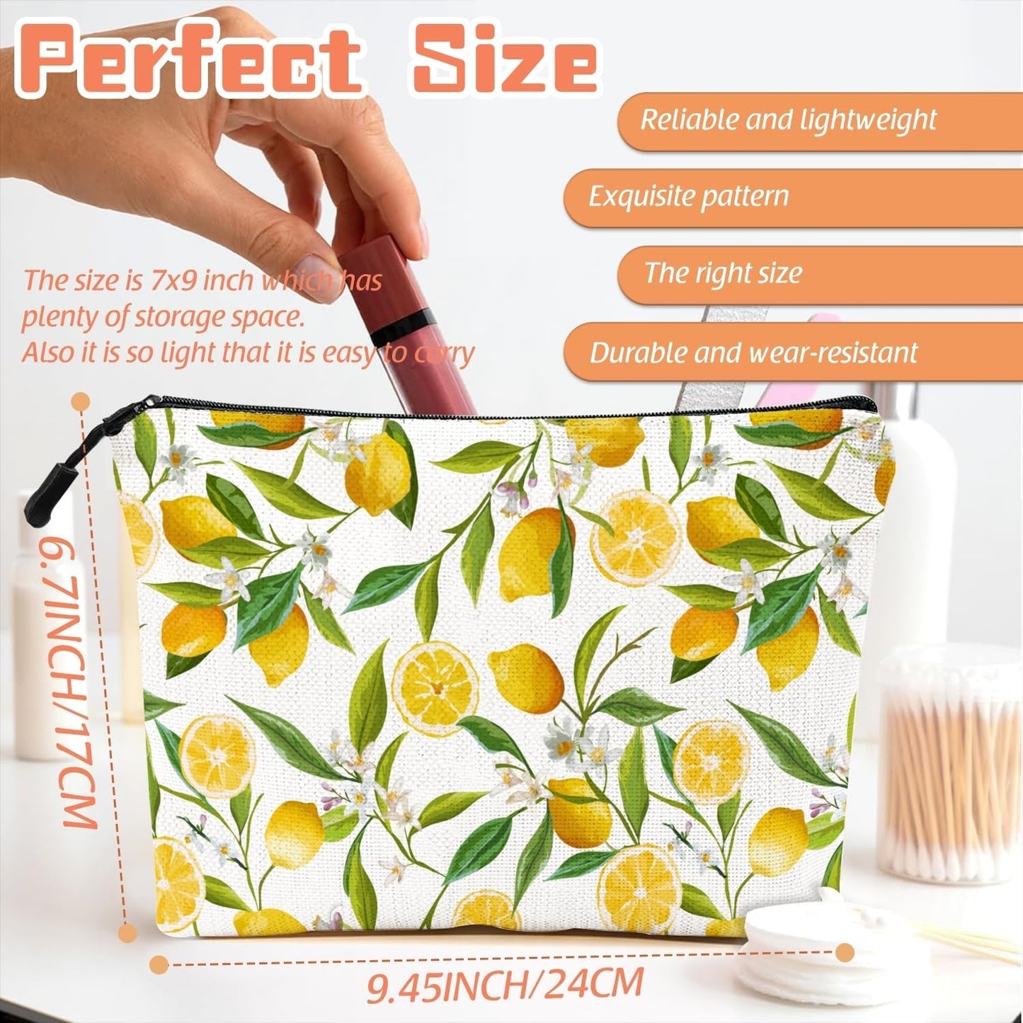 Makeup Bag Travel Makeup Organizer Waterproof Cosmetic Bag Pouch with Zipper 6.7x9.45in for Women Female Friend Mom - Lemon