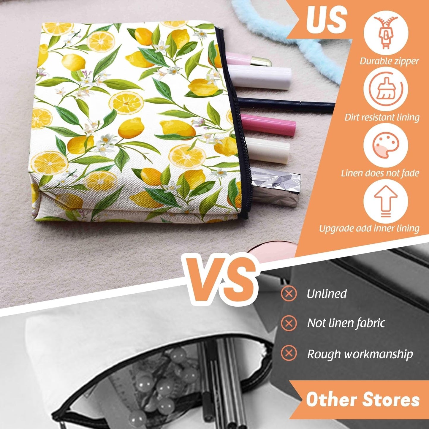 Makeup Bag Travel Makeup Organizer Waterproof Cosmetic Bag Pouch with Zipper 6.7x9.45in for Women Female Friend Mom - Lemon