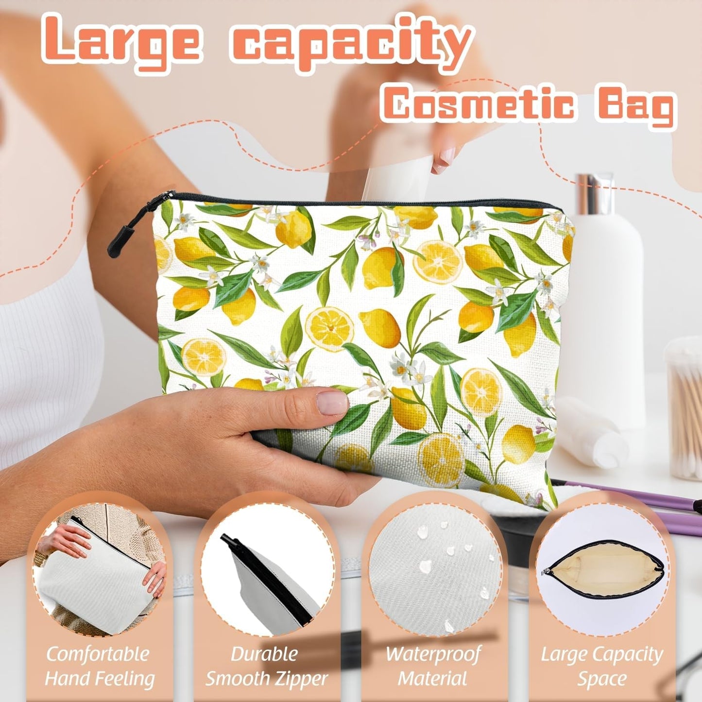 Makeup Bag Travel Makeup Organizer Waterproof Cosmetic Bag Pouch with Zipper 6.7x9.45in for Women Female Friend Mom - Lemon
