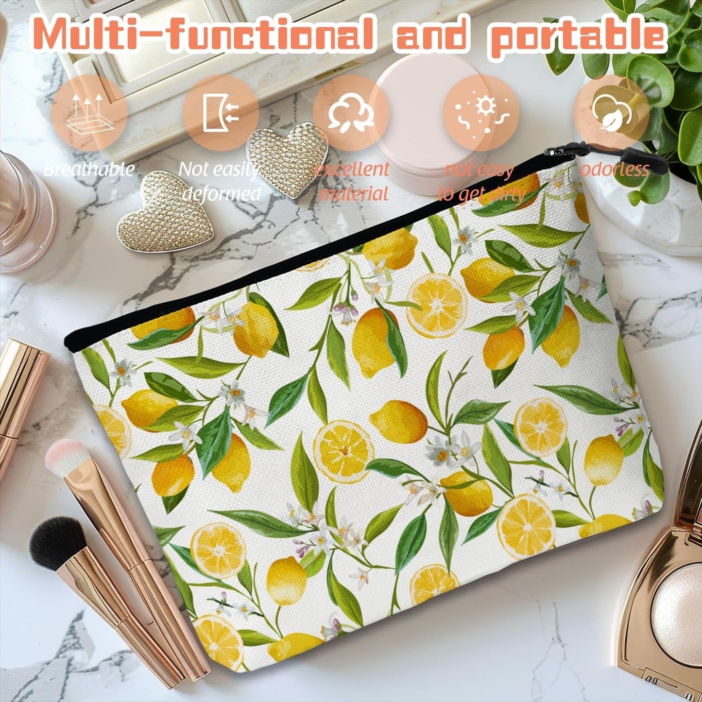 Makeup Bag Travel Makeup Organizer Waterproof Cosmetic Bag Pouch with Zipper 6.7x9.45in for Women Female Friend Mom - Lemon