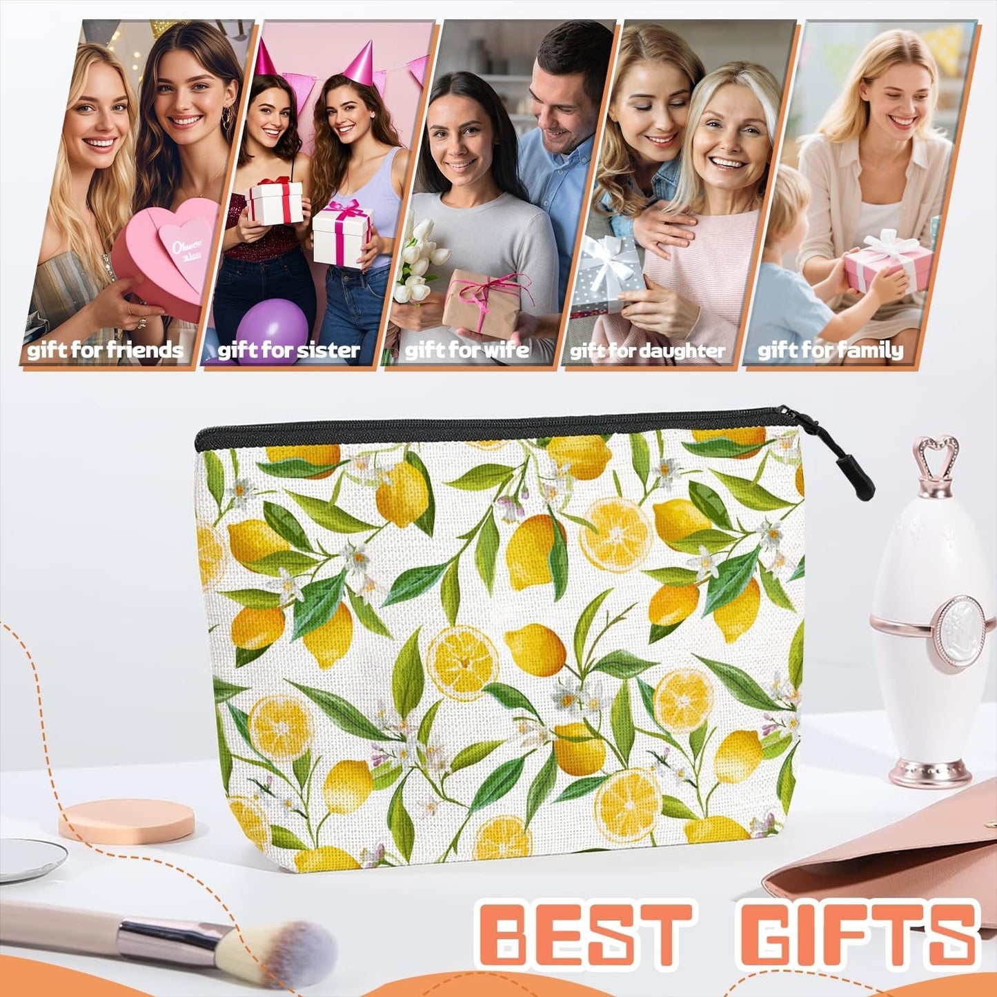 Makeup Bag Travel Makeup Organizer Waterproof Cosmetic Bag Pouch with Zipper 6.7x9.45in for Women Female Friend Mom - Lemon