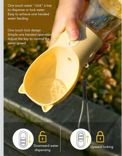 Dog Water Bottle Dispenser 380ml – Leak-Proof Lock, One-Hand Operation | Portable Pet Travel Water Bottle with Built-in Bowl | Yellow- Don't Forget to Claim Your