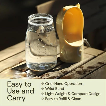 Dog Water Bottle Dispenser 380ml – Leak-Proof Lock, One-Hand Operation | Portable Pet Travel Water Bottle with Built-in Bowl | Yellow- Don't Forget to Claim Your