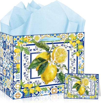 Capri Lemon Gift Bags with Handles, Tissue Paper and Greeting Card, Blue Tiles Yellow Lemon Wrapping Paper for Birthday Wedding Baby Bridal Shower Party Favors