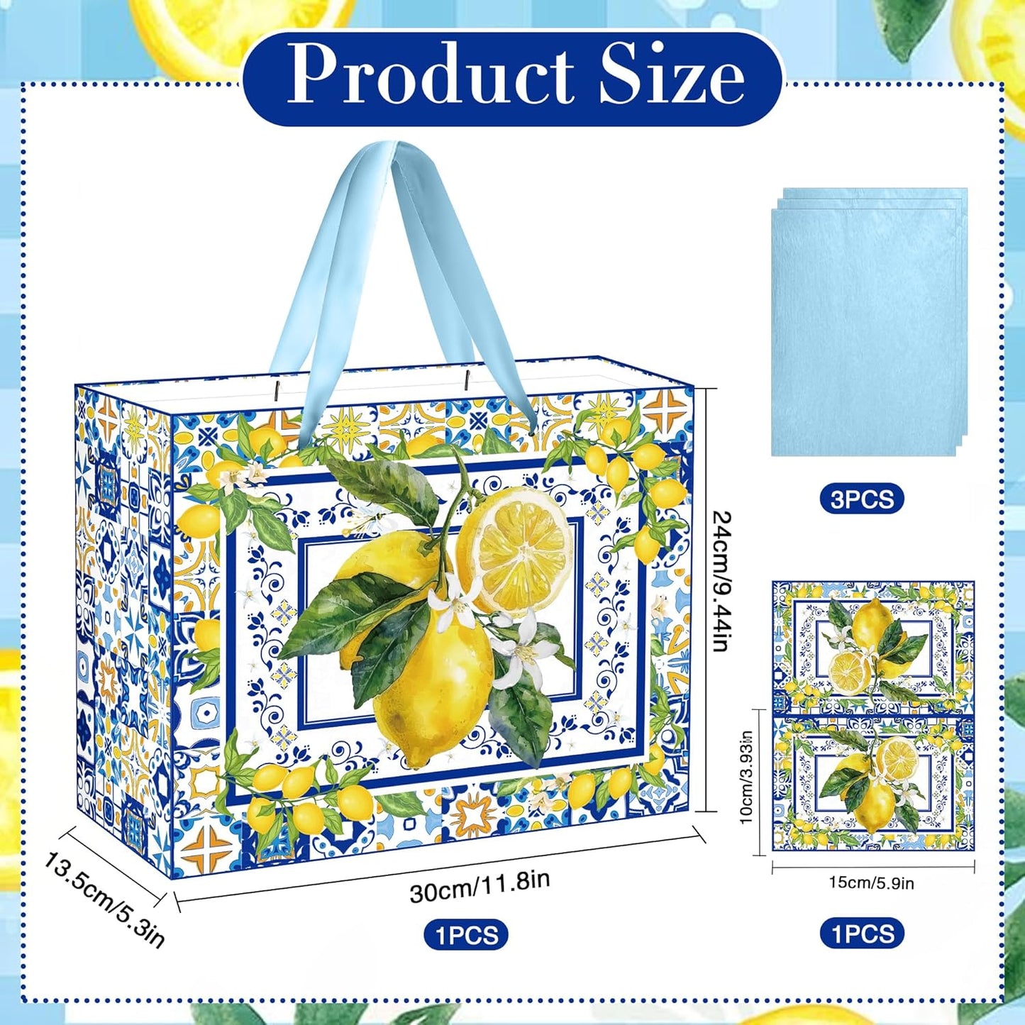 Capri Lemon Gift Bags with Handles, Tissue Paper and Greeting Card, Blue Tiles Yellow Lemon Wrapping Paper for Birthday Wedding Baby Bridal Shower Party Favors