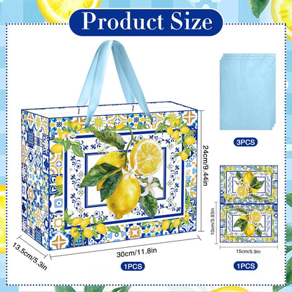 Capri Lemon Gift Bags with Handles, Tissue Paper and Greeting Card, Blue Tiles Yellow Lemon Wrapping Paper for Birthday Wedding Baby Bridal Shower Party Favors