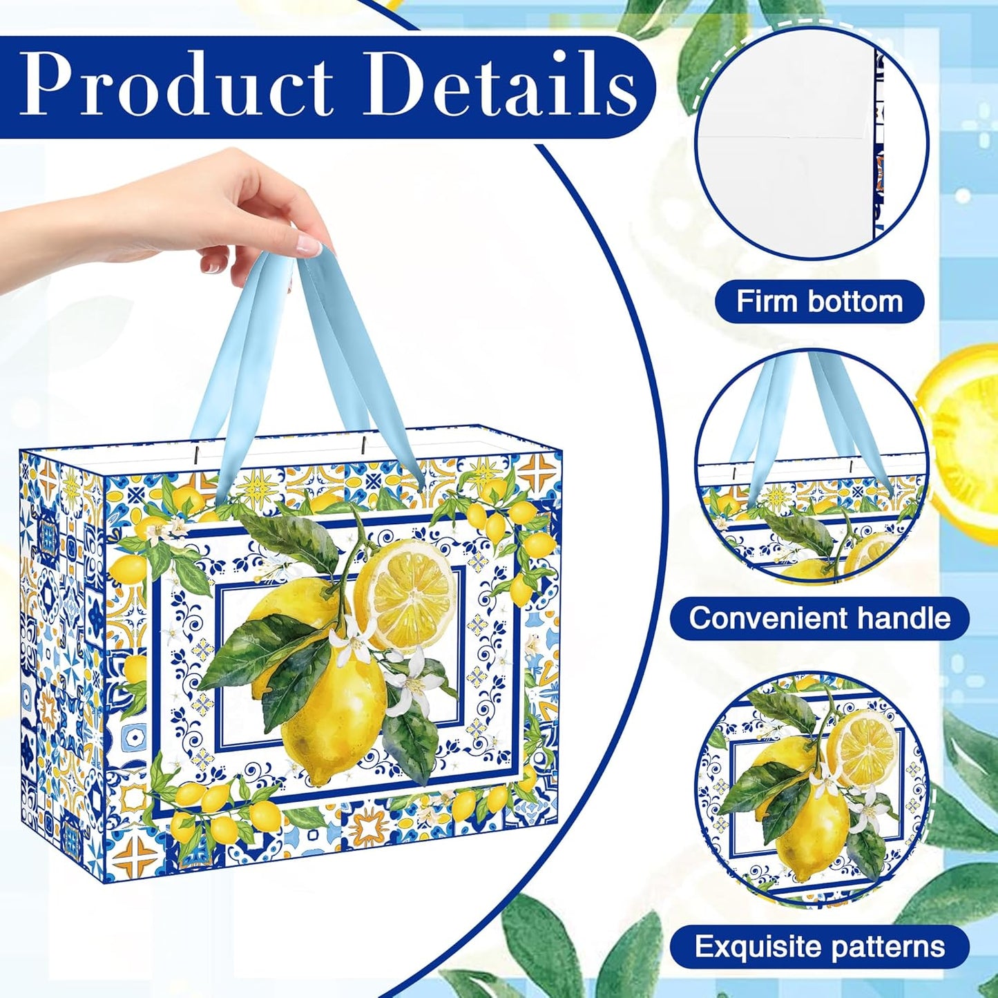 Capri Lemon Gift Bags with Handles, Tissue Paper and Greeting Card, Blue Tiles Yellow Lemon Wrapping Paper for Birthday Wedding Baby Bridal Shower Party Favors