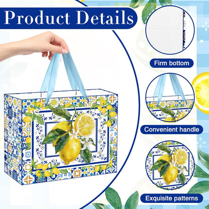 Capri Lemon Gift Bags with Handles, Tissue Paper and Greeting Card, Blue Tiles Yellow Lemon Wrapping Paper for Birthday Wedding Baby Bridal Shower Party Favors