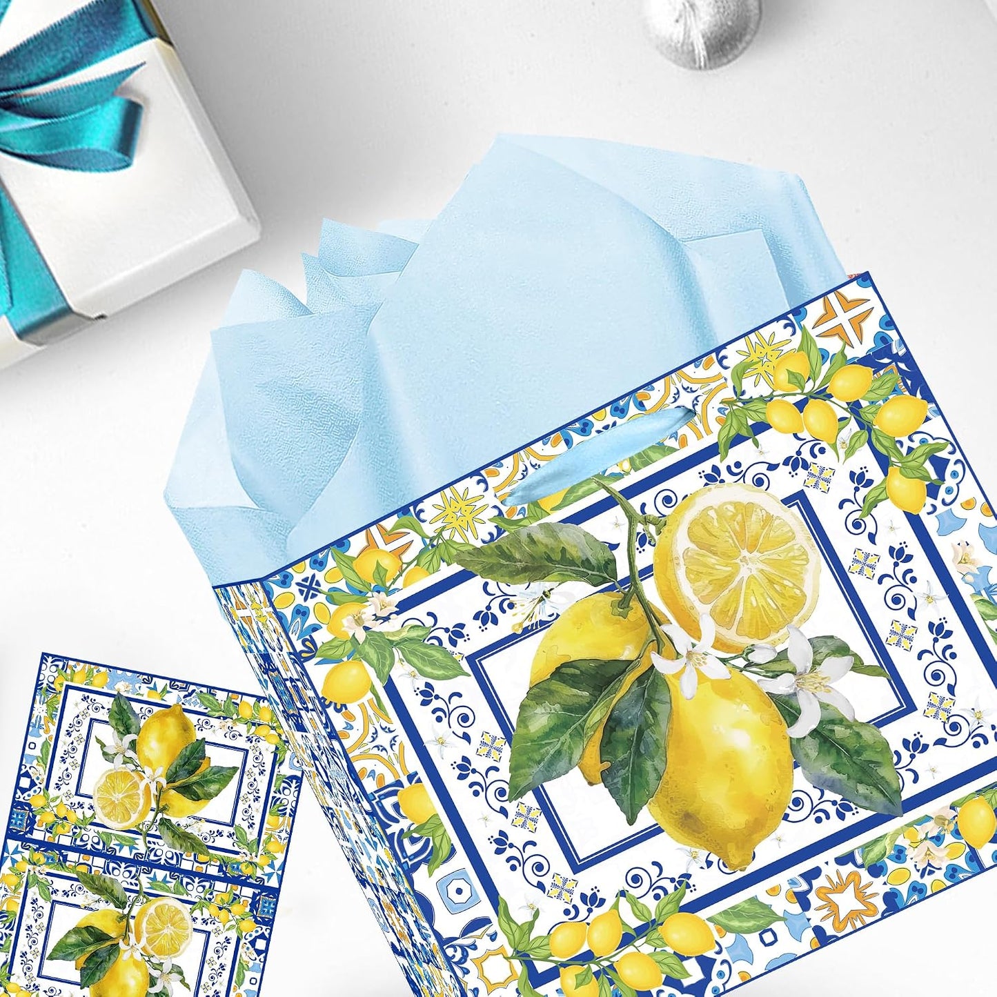 Capri Lemon Gift Bags with Handles, Tissue Paper and Greeting Card, Blue Tiles Yellow Lemon Wrapping Paper for Birthday Wedding Baby Bridal Shower Party Favors