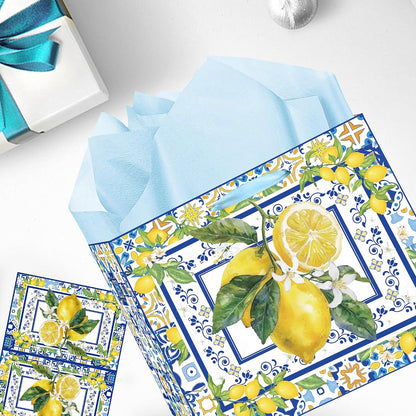 Capri Lemon Gift Bags with Handles, Tissue Paper and Greeting Card, Blue Tiles Yellow Lemon Wrapping Paper for Birthday Wedding Baby Bridal Shower Party Favors