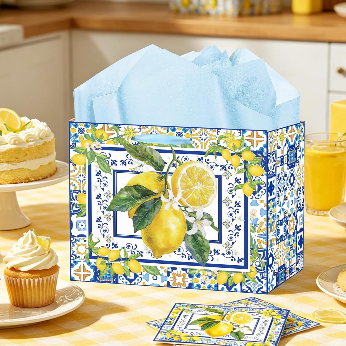 Capri Lemon Gift Bags with Handles, Tissue Paper and Greeting Card, Blue Tiles Yellow Lemon Wrapping Paper for Birthday Wedding Baby Bridal Shower Party Favors