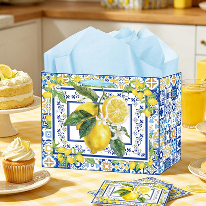 Capri Lemon Gift Bags with Handles, Tissue Paper and Greeting Card, Blue Tiles Yellow Lemon Wrapping Paper for Birthday Wedding Baby Bridal Shower Party Favors