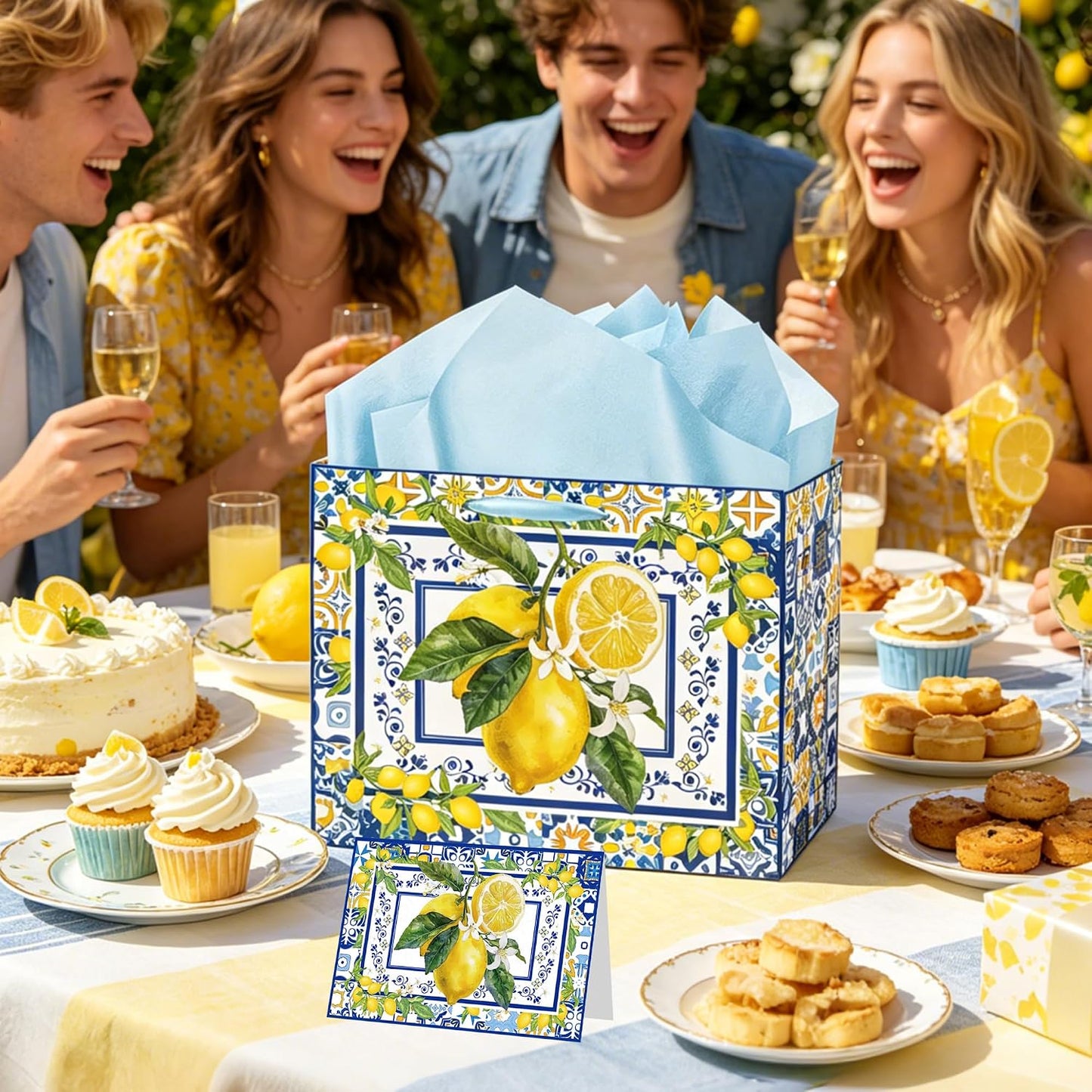 Capri Lemon Gift Bags with Handles, Tissue Paper and Greeting Card, Blue Tiles Yellow Lemon Wrapping Paper for Birthday Wedding Baby Bridal Shower Party Favors