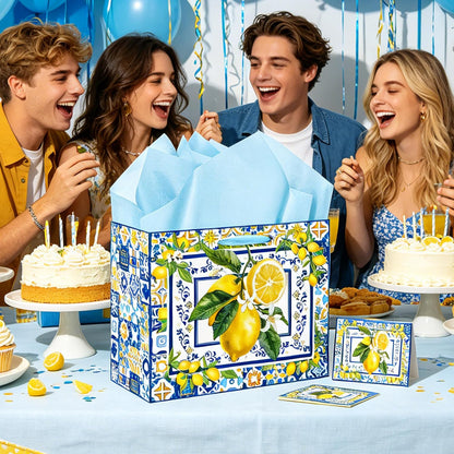 Capri Lemon Gift Bags with Handles, Tissue Paper and Greeting Card, Blue Tiles Yellow Lemon Wrapping Paper for Birthday Wedding Baby Bridal Shower Party Favors