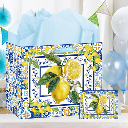 Capri Lemon Gift Bags with Handles, Tissue Paper and Greeting Card, Blue Tiles Yellow Lemon Wrapping Paper for Birthday Wedding Baby Bridal Shower Party Favors