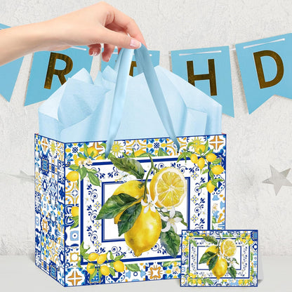 Capri Lemon Gift Bags with Handles, Tissue Paper and Greeting Card, Blue Tiles Yellow Lemon Wrapping Paper for Birthday Wedding Baby Bridal Shower Party Favors