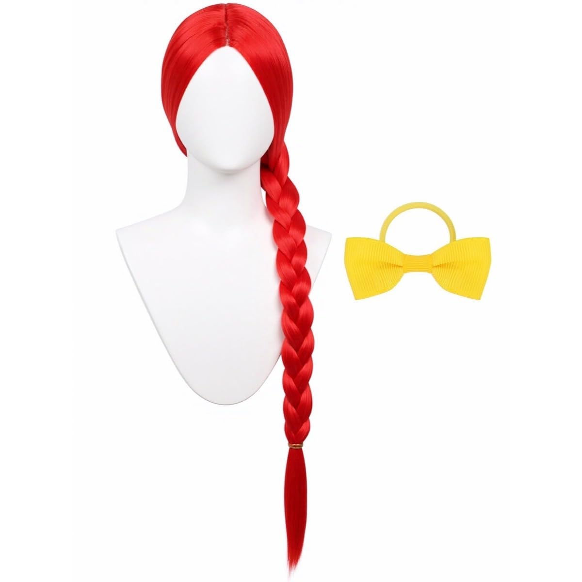 Red Kids Long Braid Wig with Yellow Bow Hair Accessory Cosplay