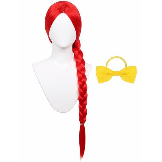 Red Kids Long Braid Wig with Yellow Bow Hair Accessory Cosplay