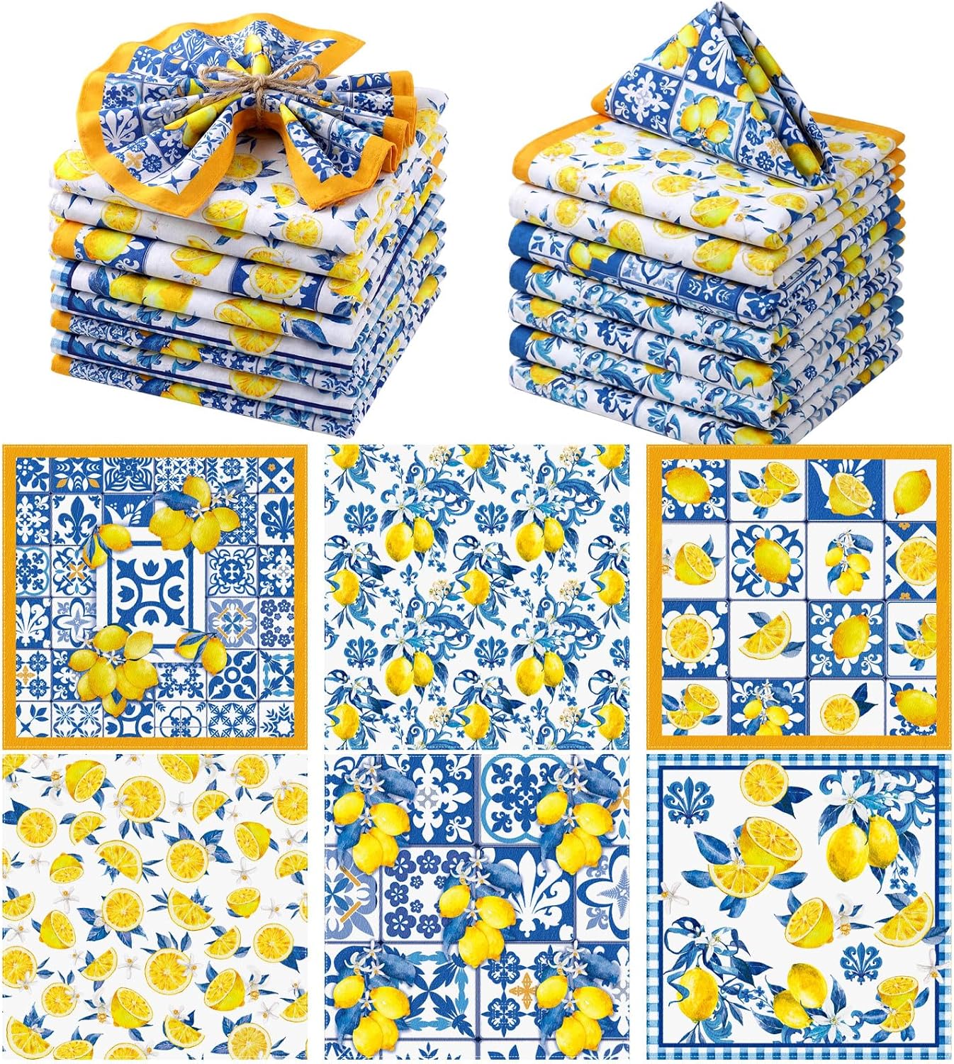 12 Pcs Capri Lemon Cloth Napkins Mediterranean Yellow Blue Floral Cloth Napkin Italian Style Dinner Towel Amalfi Coast Party Decorations for Home Dinner Party Kitchen Wedding Cocktail