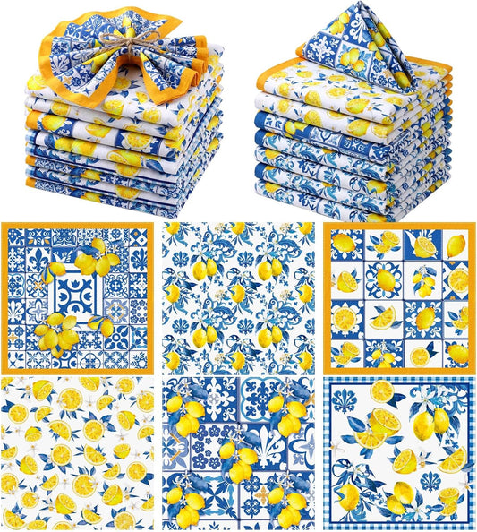 12 Pcs Capri Lemon Cloth Napkins Mediterranean Yellow Blue Floral Cloth Napkin Italian Style Dinner Towel Amalfi Coast Party Decorations for Home Dinner Party Kitchen Wedding Cocktail