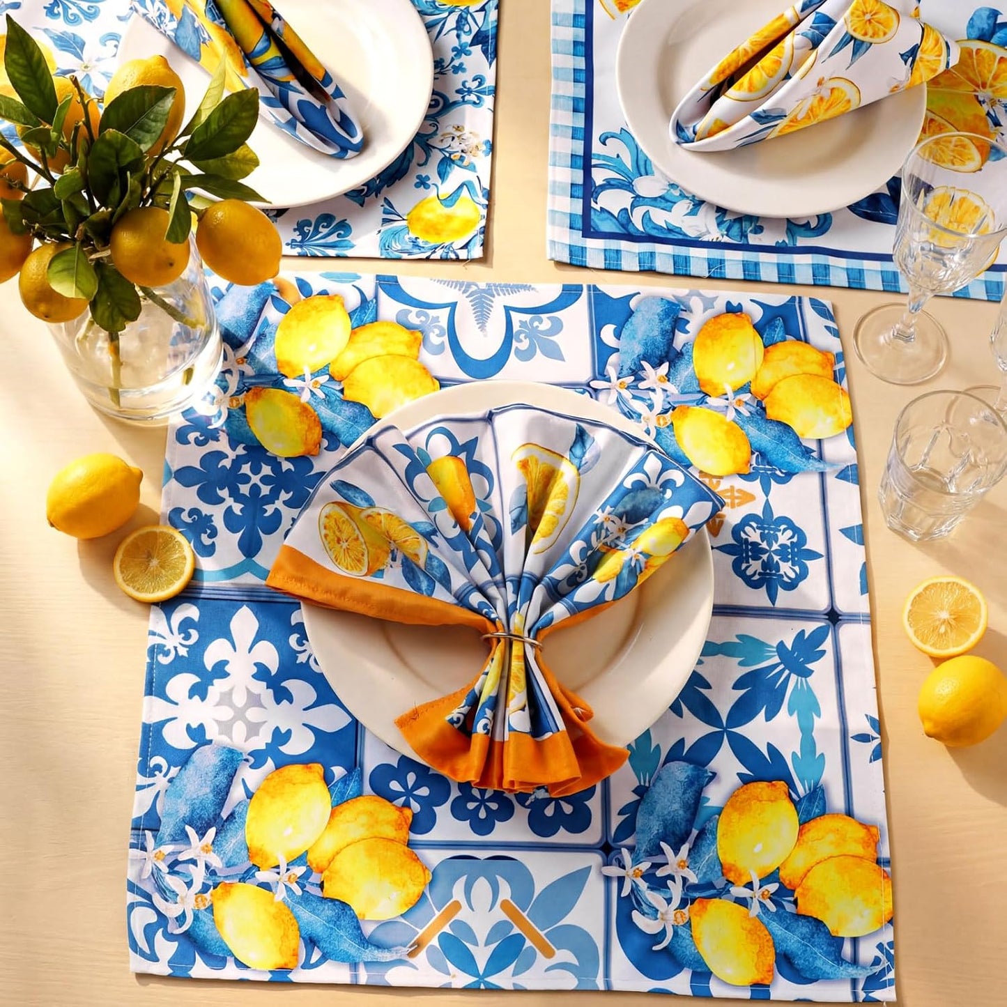 12 Pcs Capri Lemon Cloth Napkins Mediterranean Yellow Blue Floral Cloth Napkin Italian Style Dinner Towel Amalfi Coast Party Decorations for Home Dinner Party Kitchen Wedding Cocktail